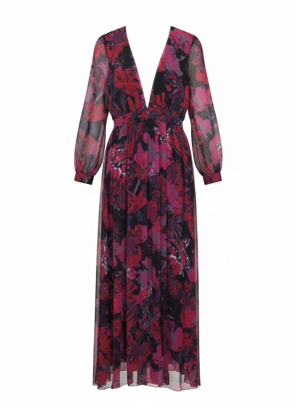 bebe Sz 6 Front Slit Floral Long Sleeve Semi-Sheer Maxi Dress Deep V-Neck Fairy